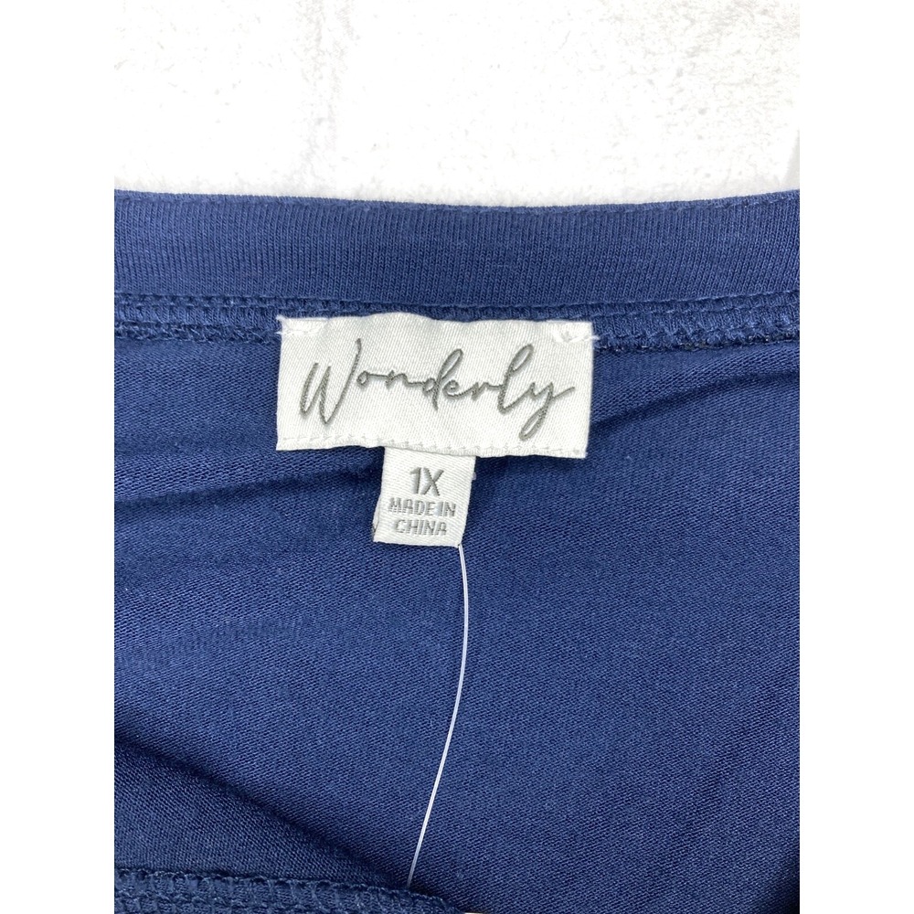 WONDERLY Blouse Women 1X Empire Waist V-Neck Tassel Accent Elastic Wrist Navy - Picture 2 of 5